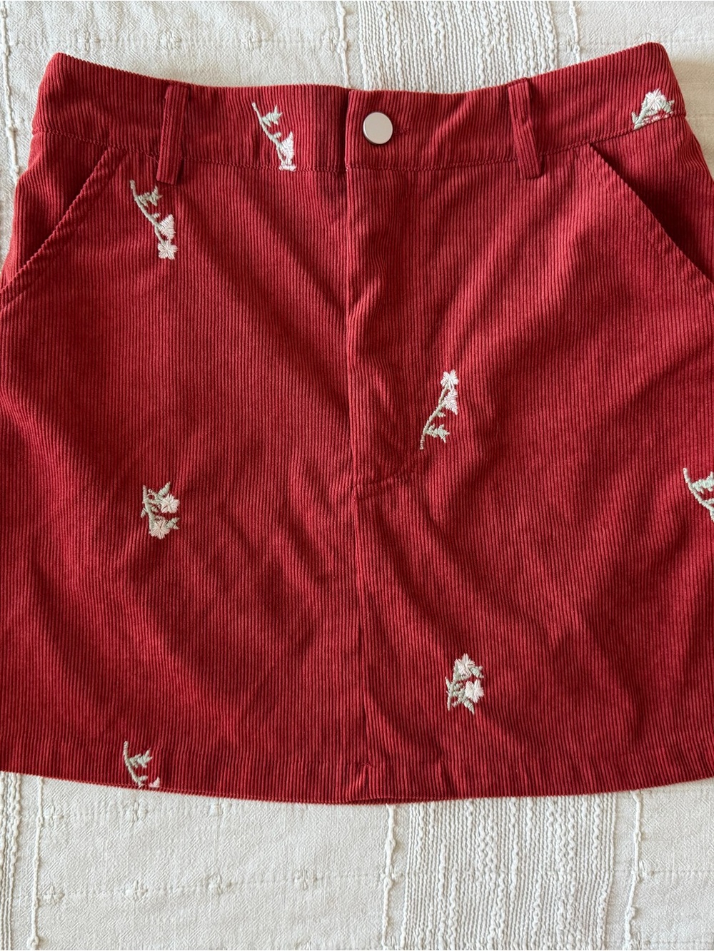 SHEIN Red Corduroy Mini Skirt with White Floral Embroidery